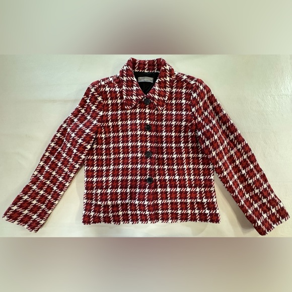 LIZ CLAIBORNE Wool Blend Houndstooth Peplum Maroon Orange Jacket (XL) - Picture 7 of 17